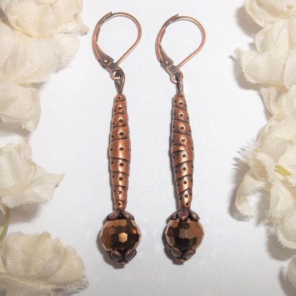 wvluckygirl Jewelry - Long Copper Earring Rustic Beaded Boho Style Dangle Drop Jewelry Set Pair 6400